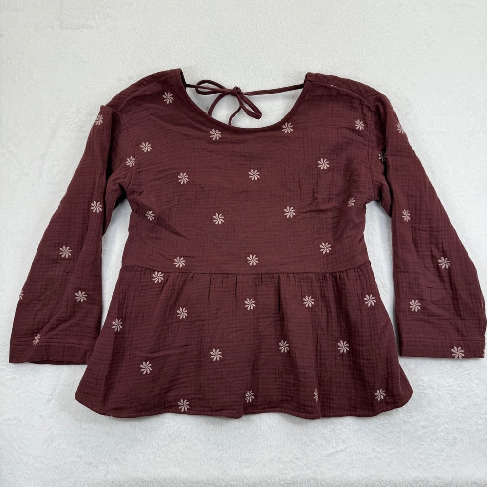 Madewell Embroidered Floral Peplum Top Gauze Tie‎ Back Maroon Womens Size S